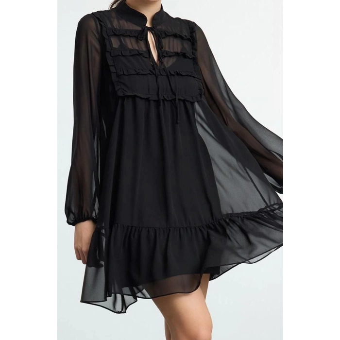 Women Fashion Stylish Mini Length Stand Collar Regular Ruffle Detailed Skirt Flounce Chiffon Woven Winter Dress