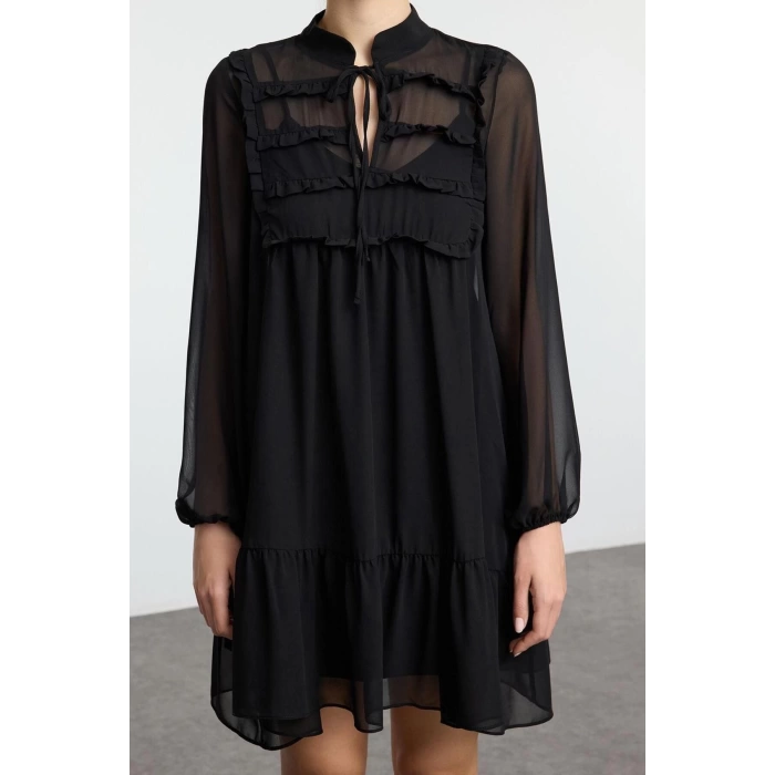 Women Fashion Stylish Mini Length Stand Collar Regular Ruffle Detailed Skirt Flounce Chiffon Woven Winter Dress