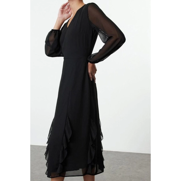 Women Fashion Stylish Midi Length V Neck Regular Ruffle Chiffon Woven Dress
