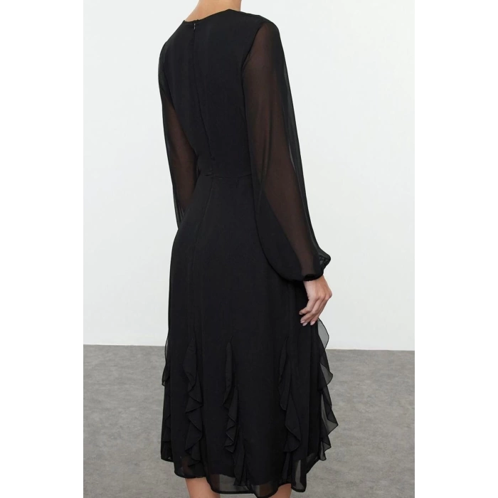 Women Fashion Stylish Midi Length V Neck Regular Ruffle Chiffon Woven Dress