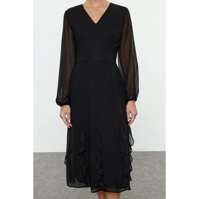 Women Fashion Stylish Midi Length V Neck Regular Ruffle Chiffon Woven Dress