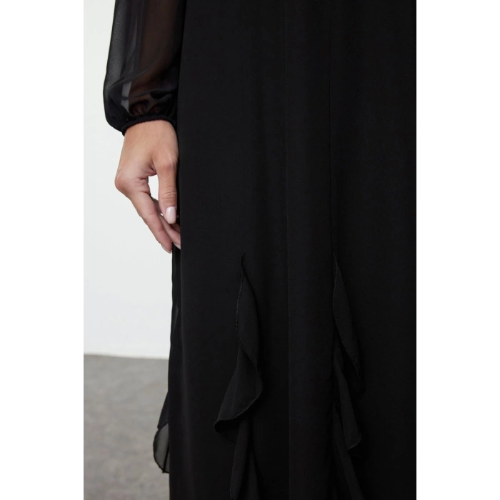 Women Fashion Stylish Midi Length V Neck Regular Ruffle Chiffon Woven Dress