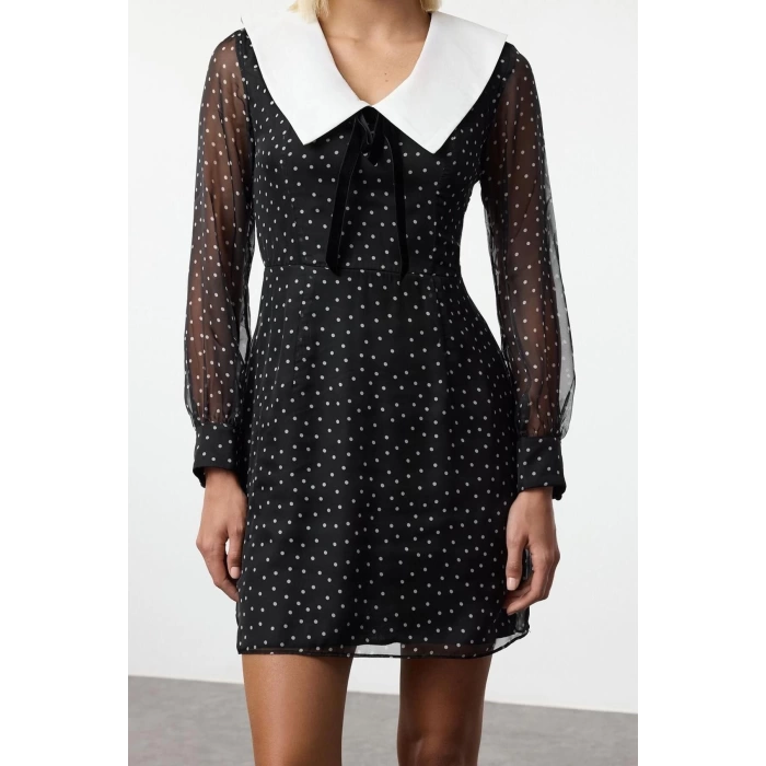 Women Fashion Stylish Mini Length V Neck Regular Neck Detailed Bow Chiffon Woven Dress