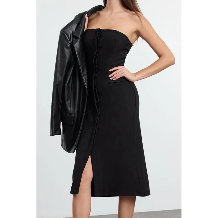 Women Fashion Stylish Midi Length Strapless Regular Woven Dress