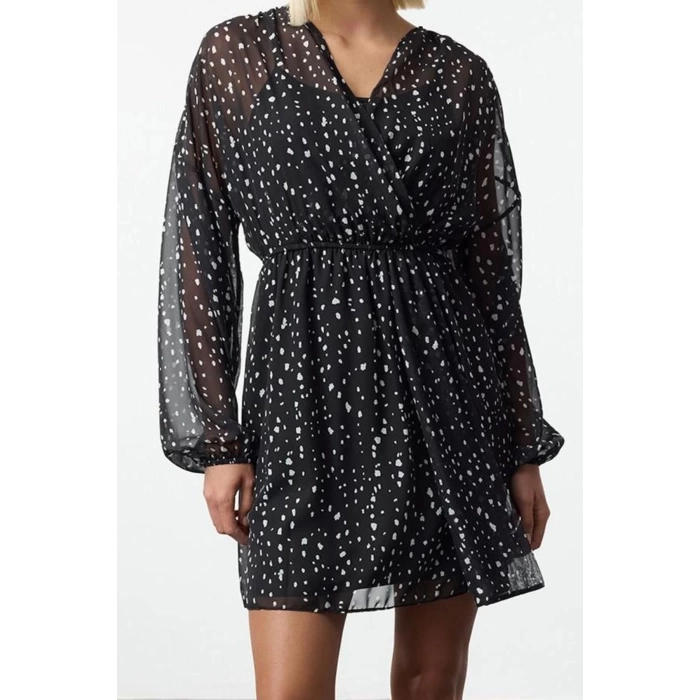 Women Fashion Stylish Mini Length Double Breasted Regular Polka Dot Patterned A Cut Collar Lined Chiffon Woven Dress