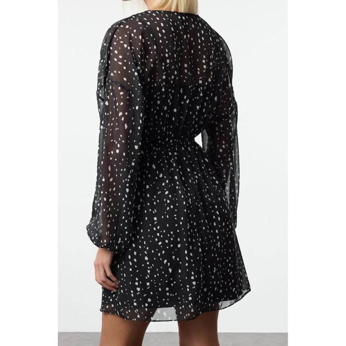 Women Fashion Stylish Mini Length Double Breasted Regular Polka Dot Patterned A Cut Collar Lined Chiffon Woven Dress