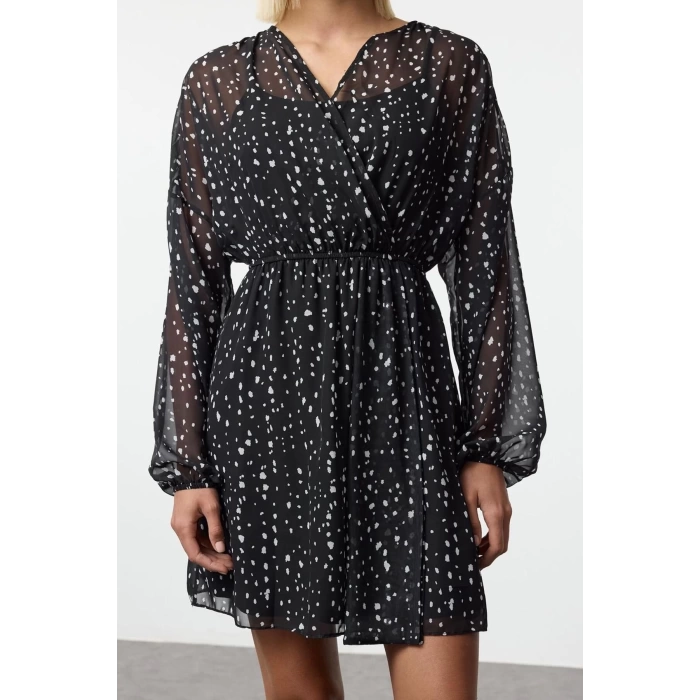 Women Fashion Stylish Mini Length Double Breasted Regular Polka Dot Patterned A Cut Collar Lined Chiffon Woven Dress