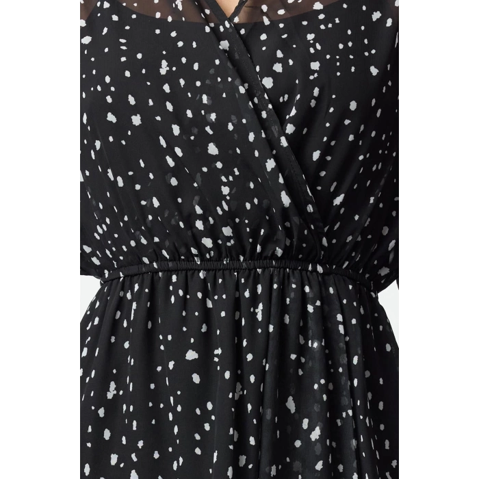 Women Fashion Stylish Mini Length Double Breasted Regular Polka Dot Patterned A Cut Collar Lined Chiffon Woven Dress