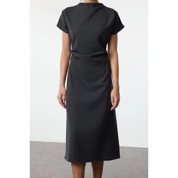 Women Fashion Stylish Midi Length Cowl Neck Regular A Cut Crepe Woven Dress