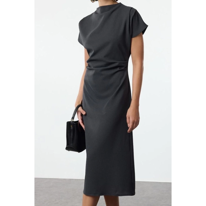 Women Fashion Stylish Midi Length Cowl Neck Regular A Cut Crepe Woven Dress