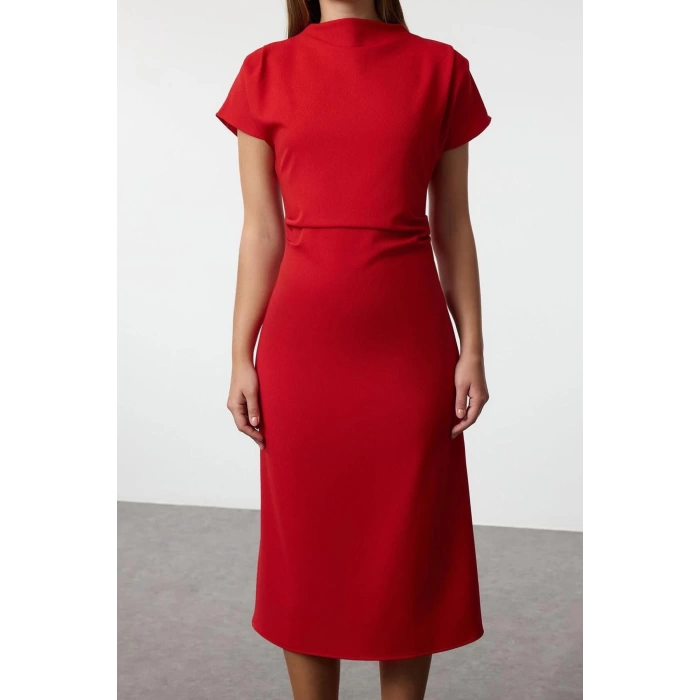 Women Fashion Stylish Midi Length Cowl Neck Regular A Cut Crepe Woven Dress