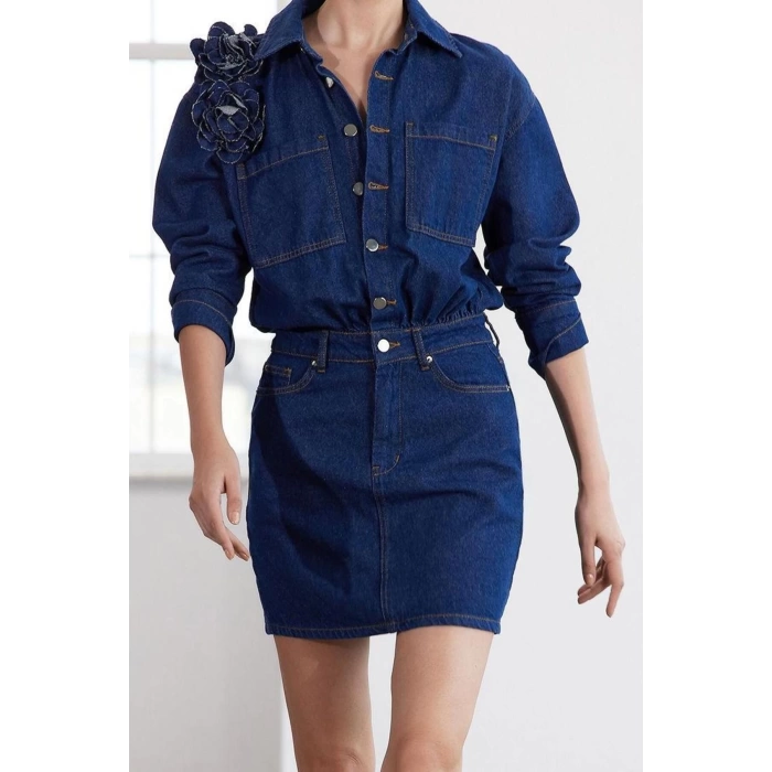 Women Fashion Stylish Regular Size Shirt Collar Regular Limited Edition Rose Detailed Denim Dress