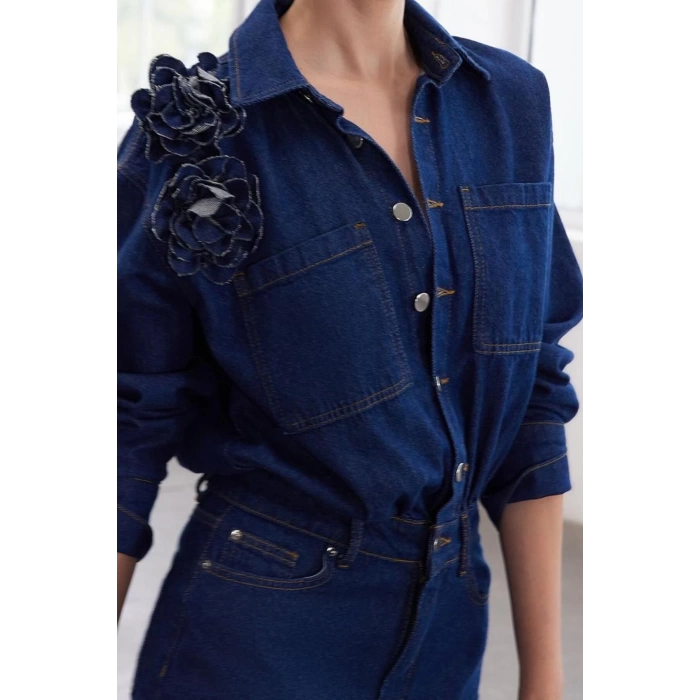 Women Fashion Stylish Regular Size Shirt Collar Regular Limited Edition Rose Detailed Denim Dress