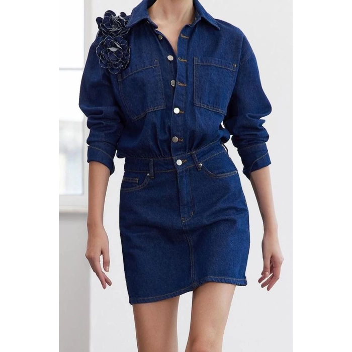 Women Fashion Stylish Regular Size Shirt Collar Regular Limited Edition Rose Detailed Denim Dress