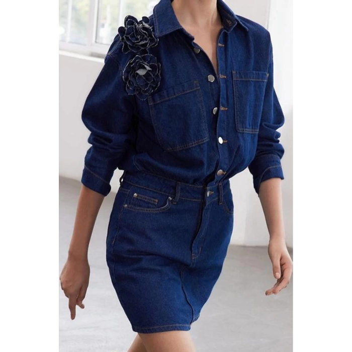 Women Fashion Stylish Regular Size Shirt Collar Regular Limited Edition Rose Detailed Denim Dress