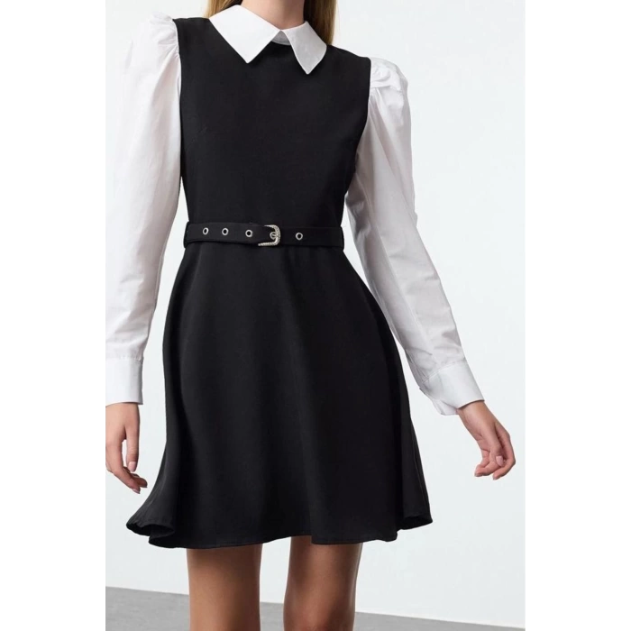 Womens Fashion Stylish Mini Length Shirt Collar Regular Belted Waist Open Shirt Detailed Woven Dress