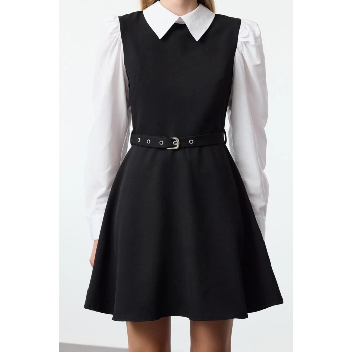 Womens Fashion Stylish Mini Length Shirt Collar Regular Belted Waist Open Shirt Detailed Woven Dress