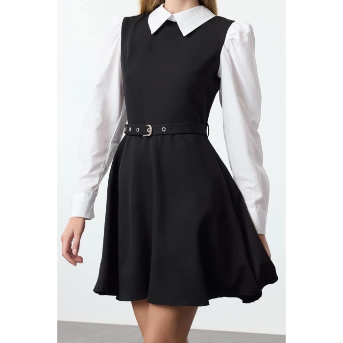 Womens Fashion Stylish Mini Length Shirt Collar Regular Belted Waist Open Shirt Detailed Woven Dress