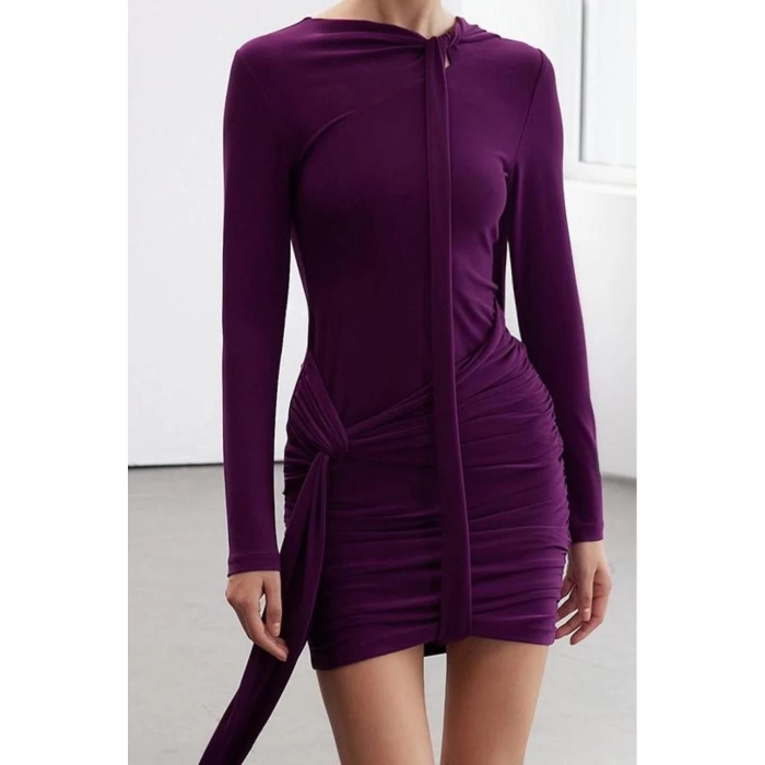Women Fashion Stylish Mini Length Stand Collar Regular Ruffle Detail Bodycone Fitted Stretchy Knitted Dress