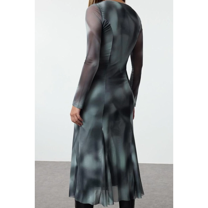 Kadın Moda Şık Midi Boy Bisiklet Yaka Slim Soyut Soyut Desenli Etek Ucu Fıfrfırlı Örme Elbise