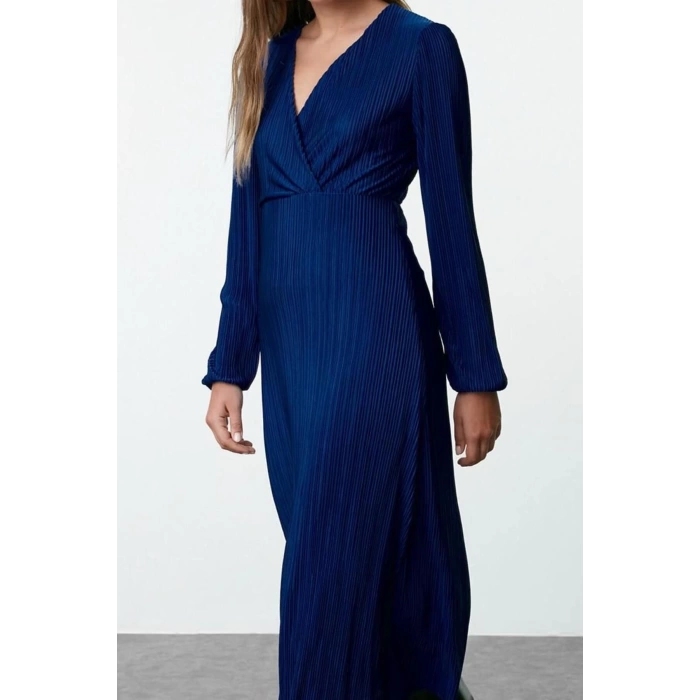 Women Fashion Stylish Midi Length Double Breasted Regular Pleated Lined Wrap Flexible Knitted Dress