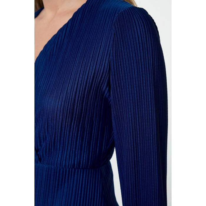 Women Fashion Stylish Midi Length Double Breasted Regular Pleated Lined Wrap Flexible Knitted Dress