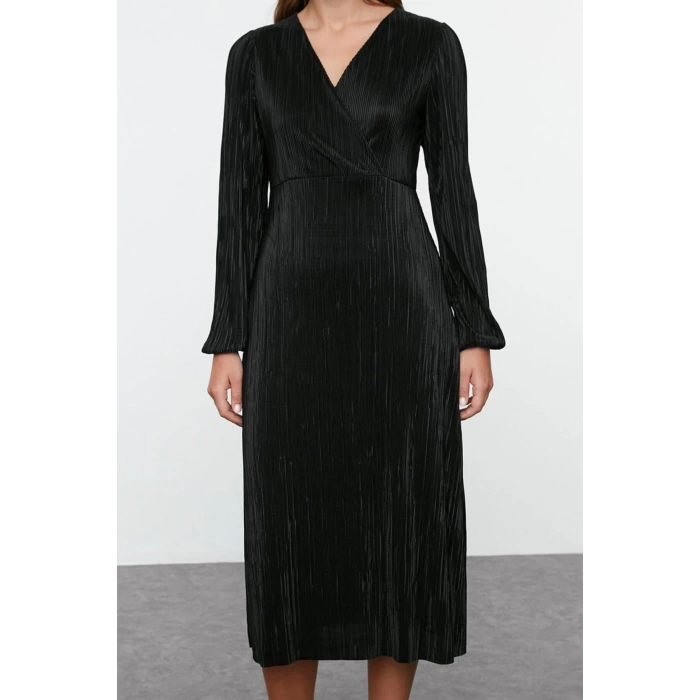 Women Fashion Stylish Midi Length Double Breasted Regular Pleated Lined Wrap Flexible Knitted Dress