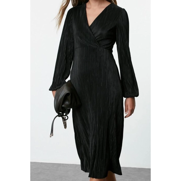 Women Fashion Stylish Midi Length Double Breasted Regular Pleated Lined Wrap Flexible Knitted Dress