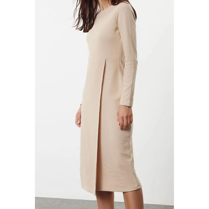 Women Fashion Stylish Midi Length Crew Neck Slim Plain Selanik Wrap Flexible Knitted Dress