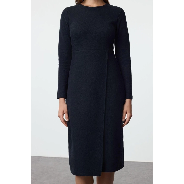 Women Fashion Stylish Midi Length Crew Neck Slim Plain Selanik Wrap Flexible Knitted Dress