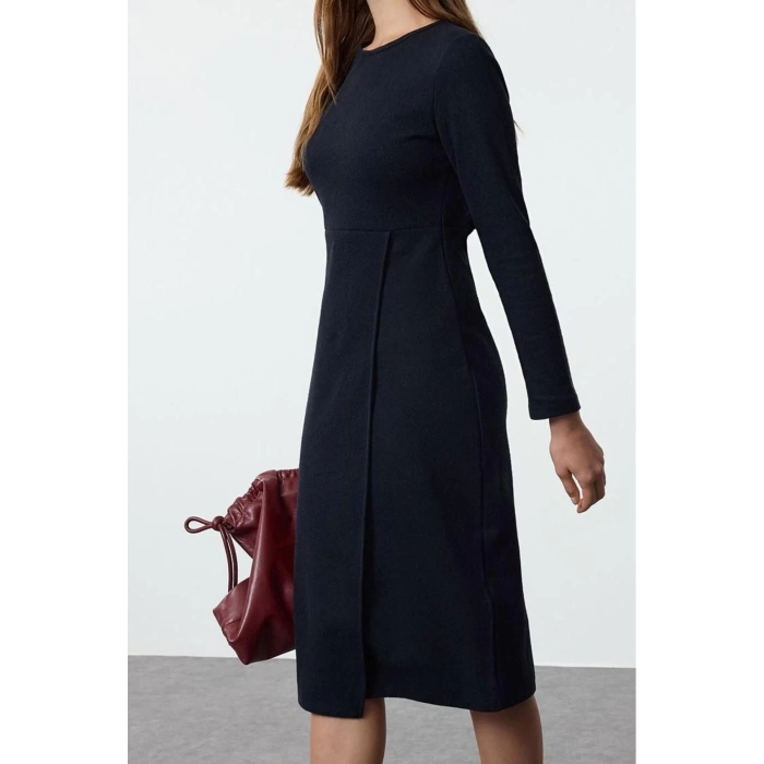 Women Fashion Stylish Midi Length Crew Neck Slim Plain Selanik Wrap Flexible Knitted Dress