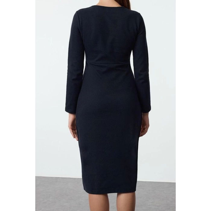 Women Fashion Stylish Midi Length Crew Neck Slim Plain Selanik Wrap Flexible Knitted Dress