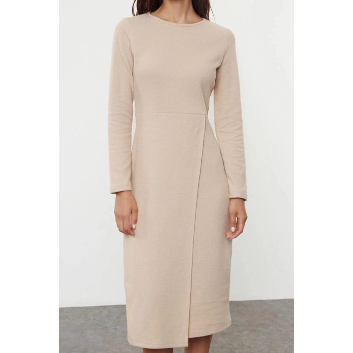 Women Fashion Stylish Midi Length Crew Neck Slim Plain Selanik Wrap Flexible Knitted Dress