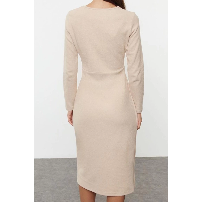 Women Fashion Stylish Midi Length Crew Neck Slim Plain Selanik Wrap Flexible Knitted Dress