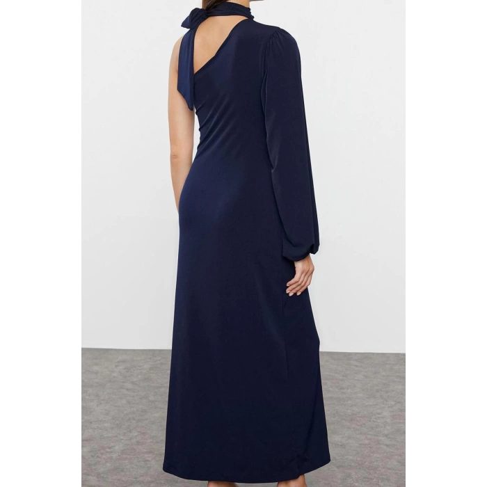 Women Fashion Stylish Midi Length Asymmetrical Collar Slim Plain Scarf Detailed Fitted Body-Smooth Flexible Knitted Dress