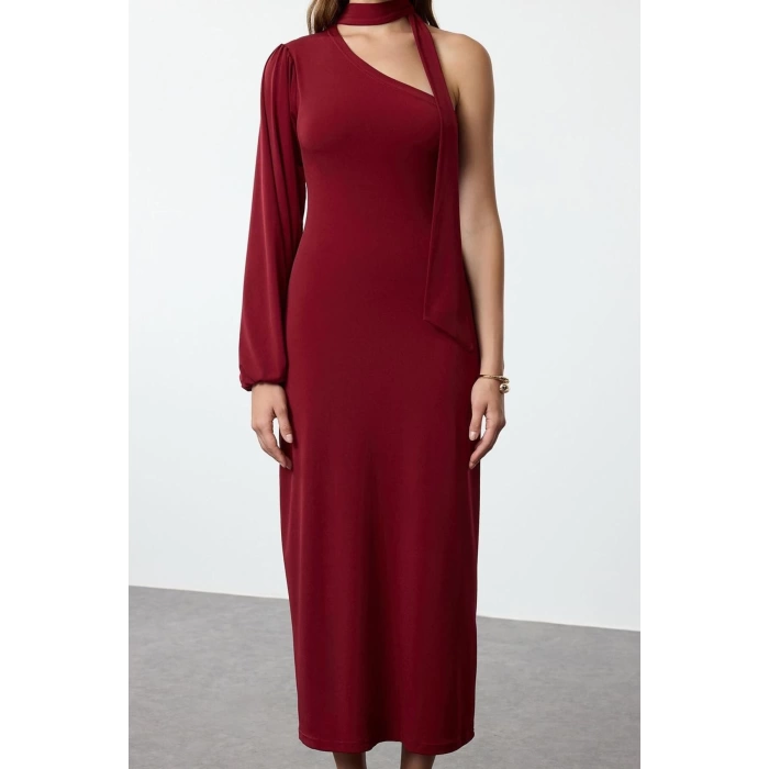 Women Fashion Stylish Midi Length Asymmetrical Collar Slim Plain Scarf Detailed Fitted Body-Smooth Flexible Knitted Dress