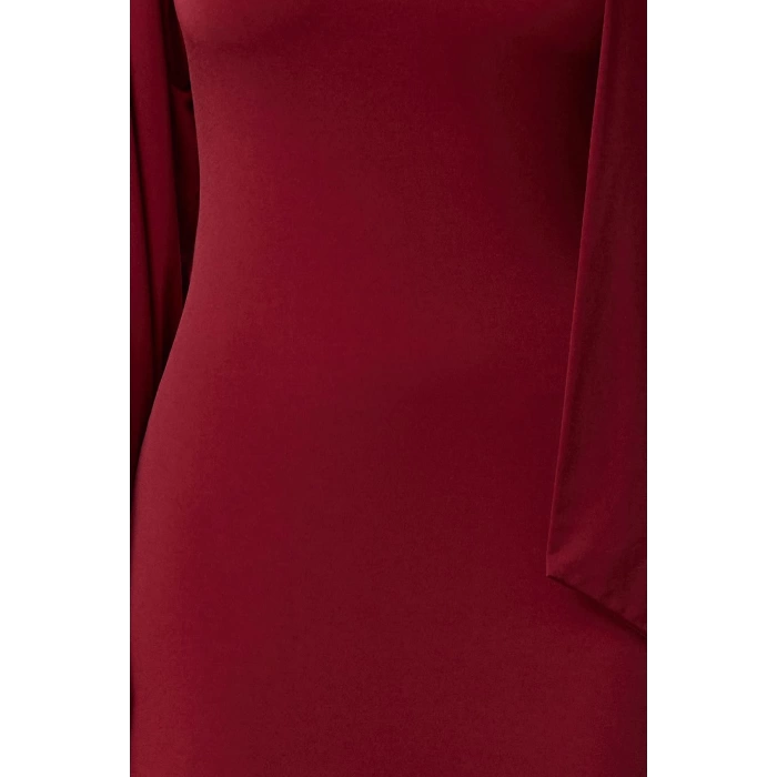 Women Fashion Stylish Midi Length Asymmetrical Collar Slim Plain Scarf Detailed Fitted Body-Smooth Flexible Knitted Dress
