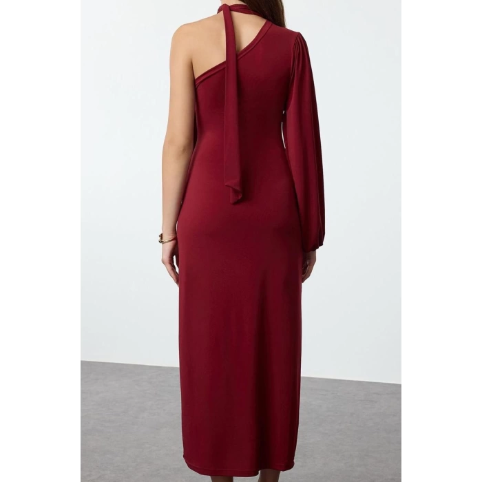 Women Fashion Stylish Midi Length Asymmetrical Collar Slim Plain Scarf Detailed Fitted Body-Smooth Flexible Knitted Dress