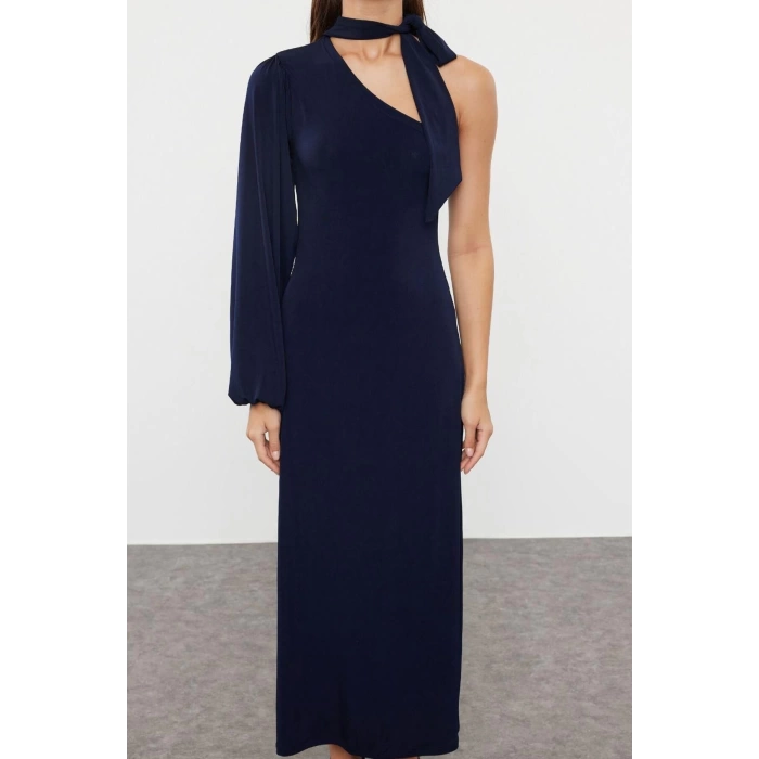 Women Fashion Stylish Midi Length Asymmetrical Collar Slim Plain Scarf Detailed Fitted Body-Smooth Flexible Knitted Dress