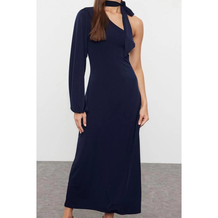 Women Fashion Stylish Midi Length Asymmetrical Collar Slim Plain Scarf Detailed Fitted Body-Smooth Flexible Knitted Dress