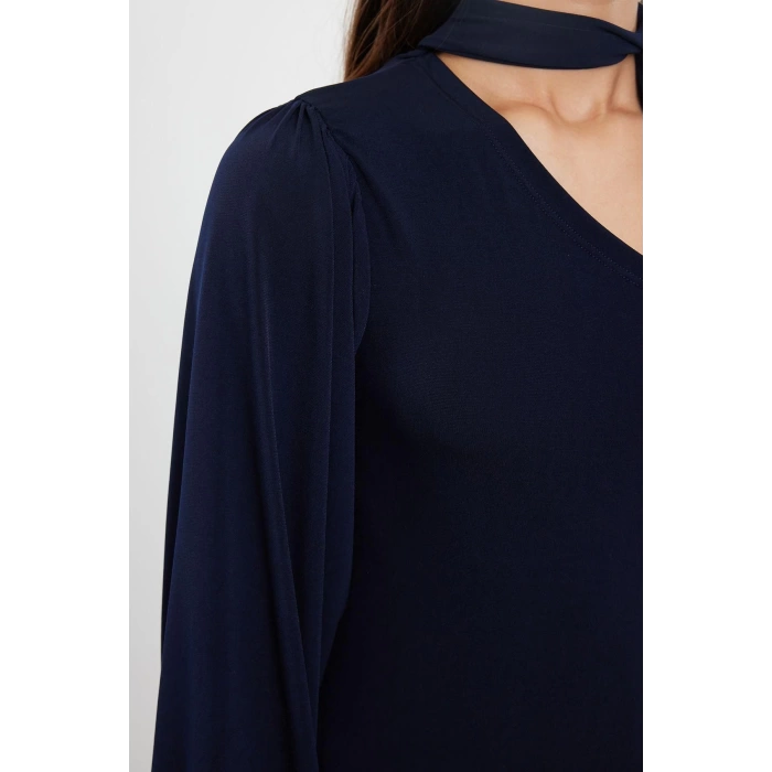 Women Fashion Stylish Midi Length Asymmetrical Collar Slim Plain Scarf Detailed Fitted Body-Smooth Flexible Knitted Dress