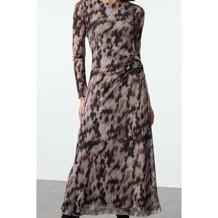 Women Fashion Stylish Maxi Length Crew Neck Regular Printed Gather Drape Knitted Dress