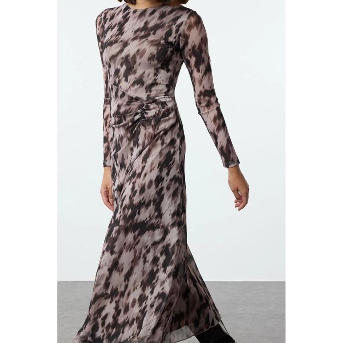 Women Fashion Stylish Maxi Length Crew Neck Regular Printed Gather Drape Knitted Dress