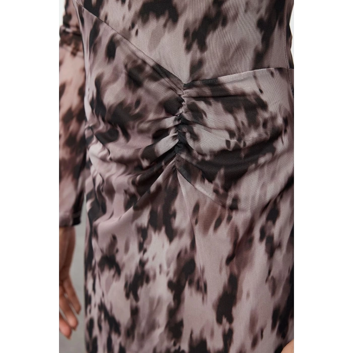 Women Fashion Stylish Maxi Length Crew Neck Regular Printed Gather Drape Knitted Dress