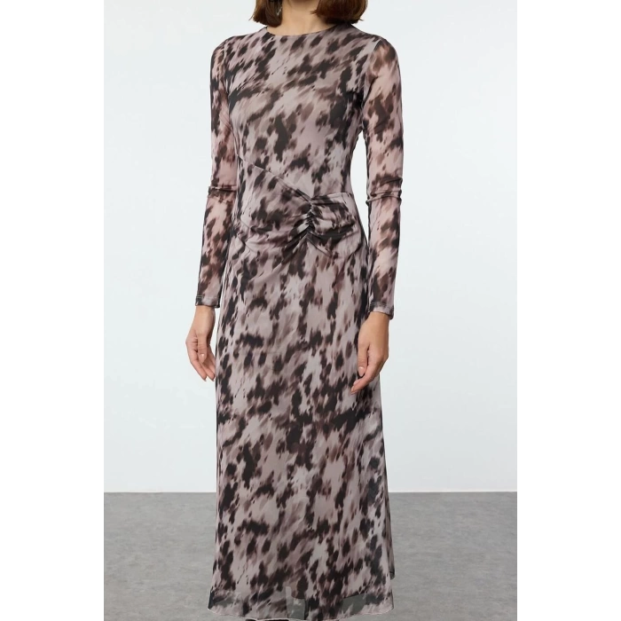 Women Fashion Stylish Maxi Length Crew Neck Regular Printed Gather Drape Knitted Dress