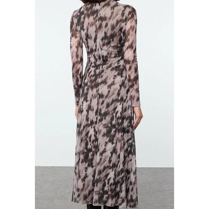 Women Fashion Stylish Maxi Length Crew Neck Regular Printed Gather Drape Knitted Dress