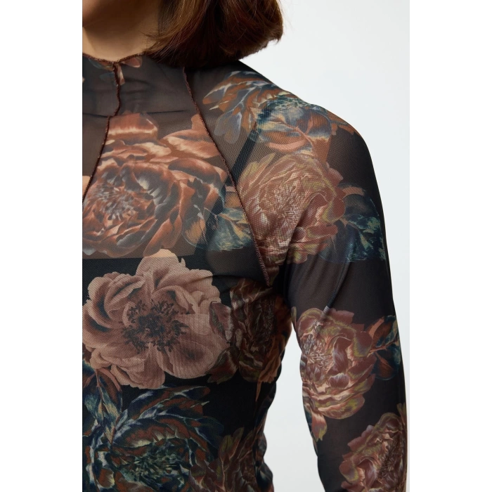 Women Fashion Stylish Maxi Length Stand Collar Slim Floral Ribbed Tulle Detailed Fitted Bodycon Knitted Dress