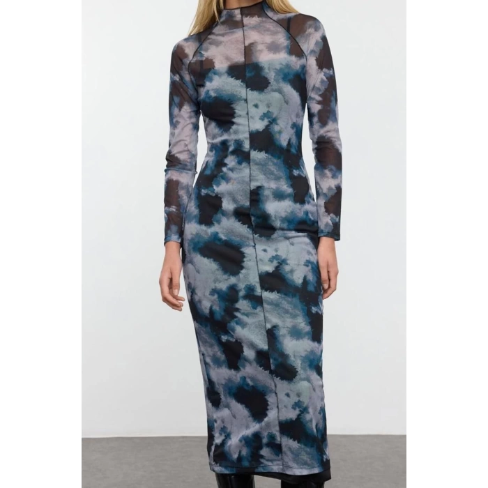 Women Fashion Stylish Maxi Length Stand Collar Slim Floral Ribbed Tulle Detailed Fitted Bodycon Knitted Dress