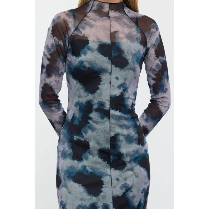 Women Fashion Stylish Maxi Length Stand Collar Slim Floral Ribbed Tulle Detailed Fitted Bodycon Knitted Dress