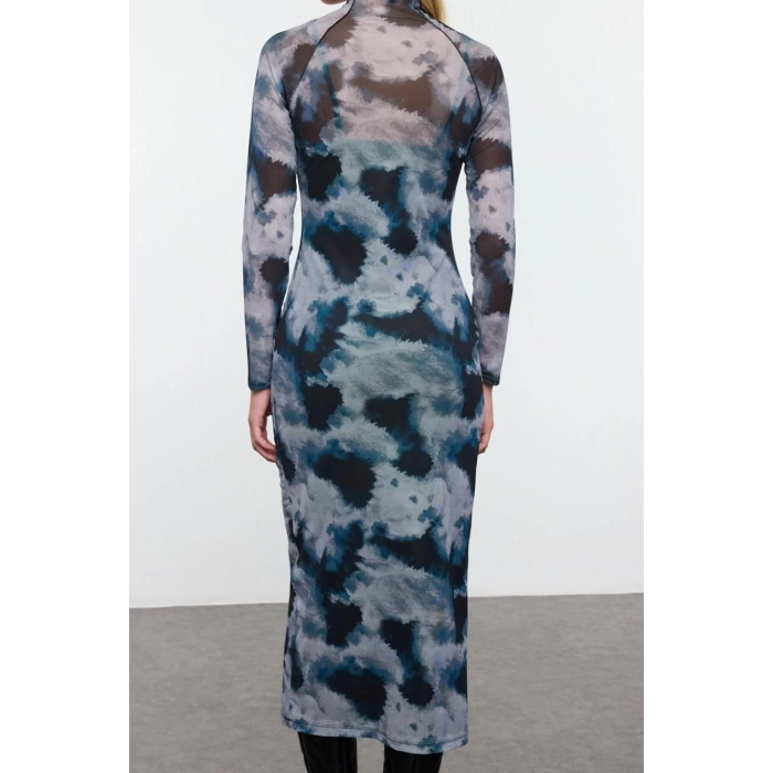 Women Fashion Stylish Maxi Length Stand Collar Slim Floral Ribbed Tulle Detailed Fitted Bodycon Knitted Dress